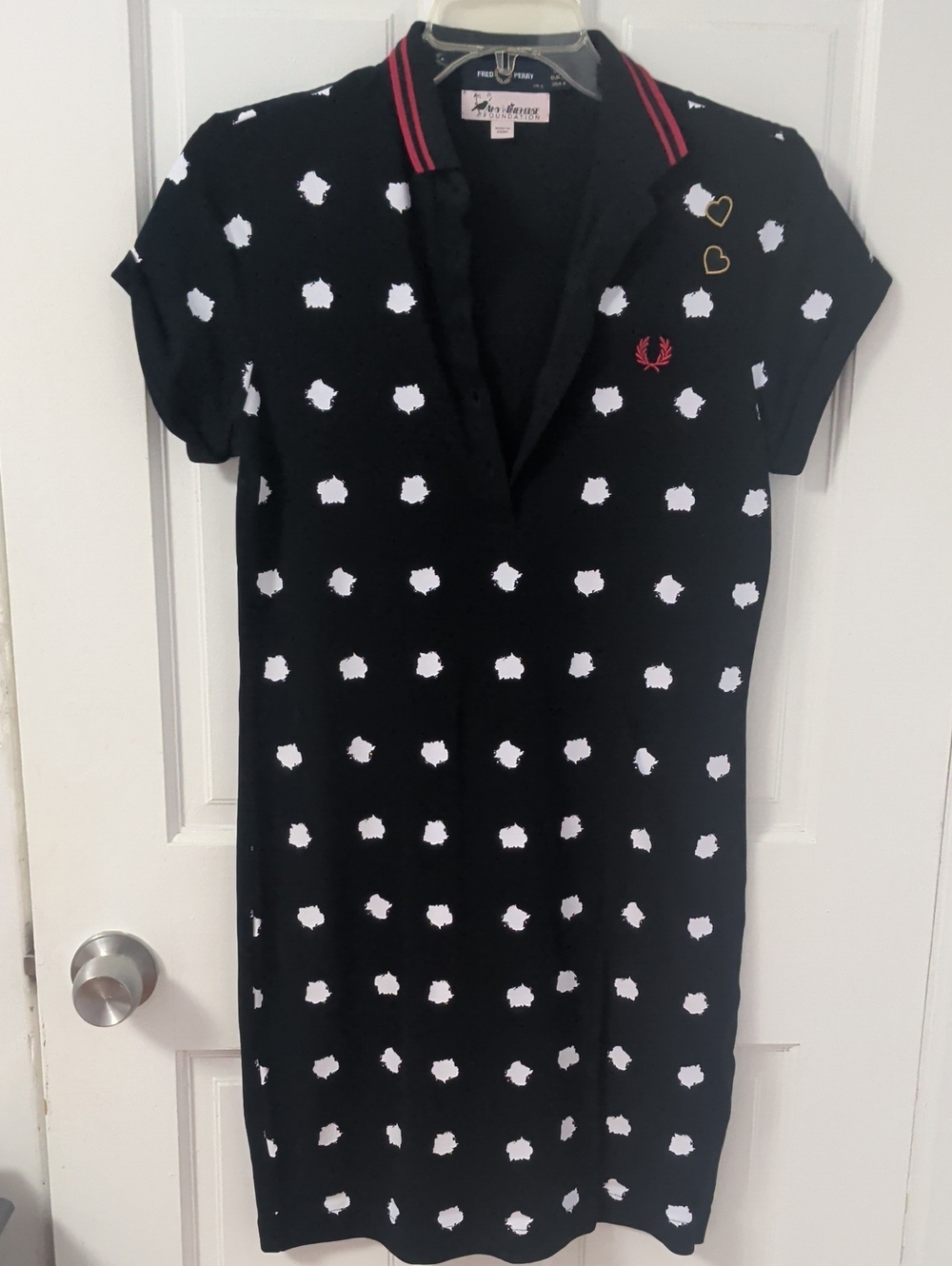 Fred Perry Black Polo Dress with White Spot Print and Red Trim